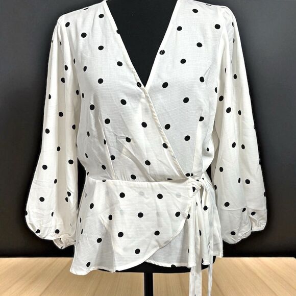 MERAKI Peplum Faux Wrap Blouse Long Sleeves White With Black Dots - Picture 2 of 11